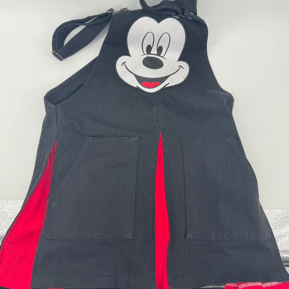 Disney Mickey Mouse Black Denim‎ Pinafore Dress Red Contrast Kids Small